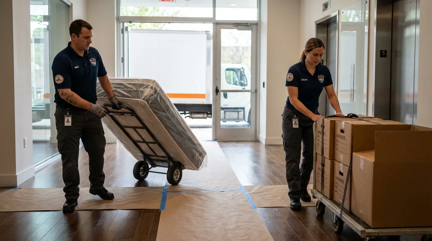 Professional apartment movers loading elevator in Eddyville, KY
